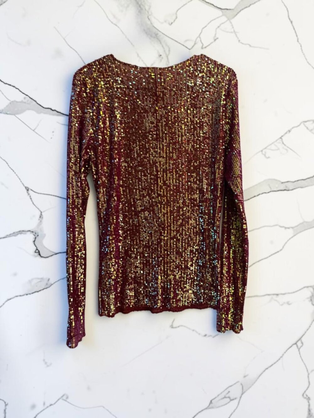 Free People Intimately Gold Rush Sequin Long Sleeve Top Burgundy L - Picture 3 of 7